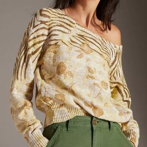 ANTHROPOLOGIE PILCRO Floral Neutral Motif Long Sleeve Sweater Size Large